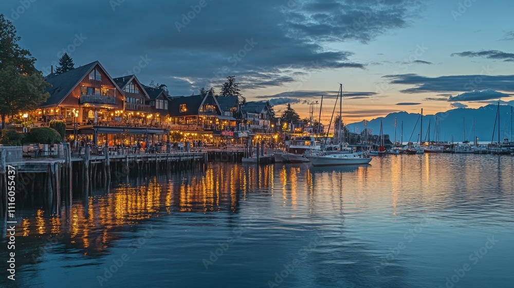 Fototapeta premium Illuminated waterfront buildings, boats, calm water, sunset.
