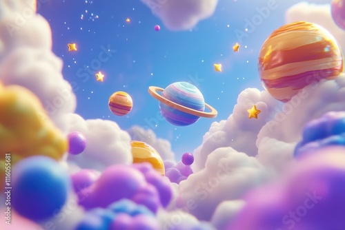 Colorful and Dreamy Visualization of Planets in a Cloudy Sky, Featuring Vibrant Jupiter, Saturn, and Whimsical Stars Surrounded by Soft Pastel Clouds