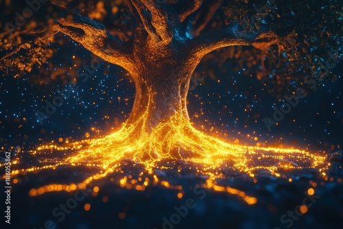 Enchanted Tree with Glowing Roots Illuminated by Sparkling Lights in a Mystical Forest Setting Creating an Atmosphere of Magic and Wonder