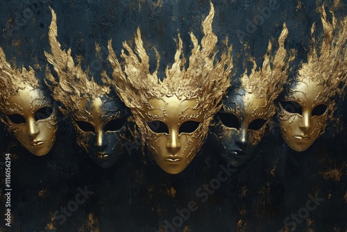 Golden masquerade mask with sparkling background suitable for celebrations or...