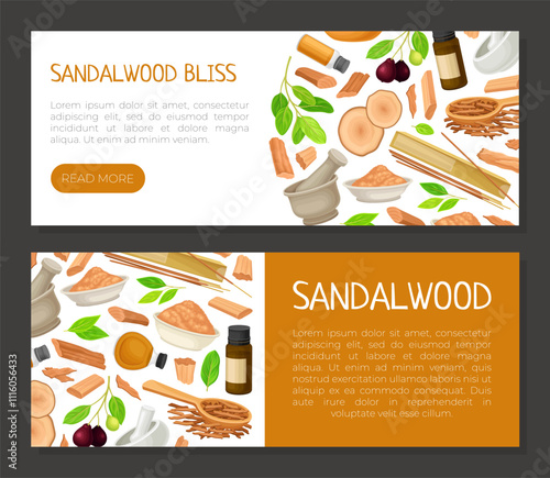 Sandalwood Banner Design with Fragrant Sticks and Essential Oil Vector Template