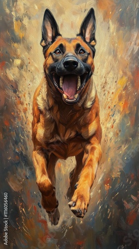 Happy dog jumping joyfully along a sunny pathway in outdoor setting