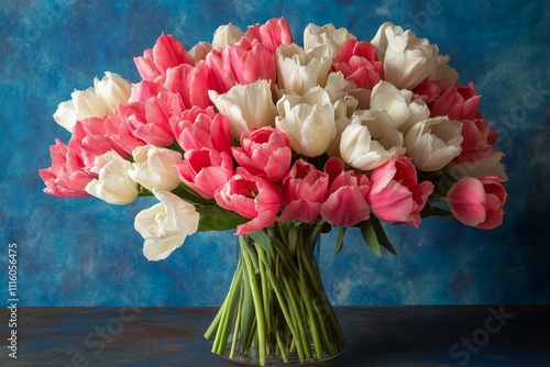 Beautiful arrangement of pink and white tulips in a decorative vase on a table