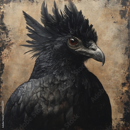 Majestic black bird with striking features and intense gaze captured in close up