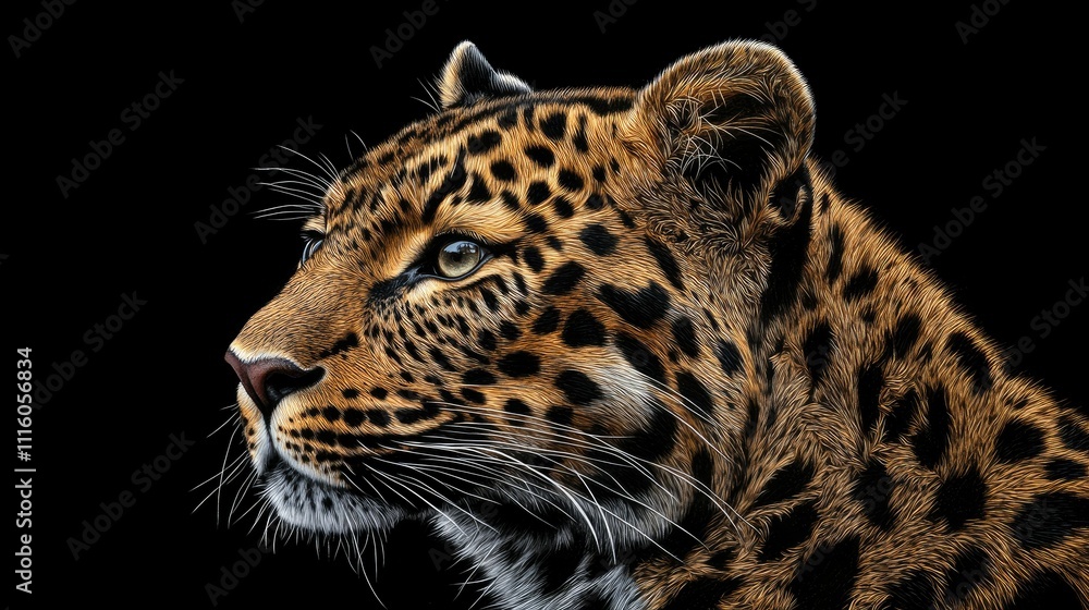 Fototapeta premium A detailed illustration of a leopard's face against a black background.