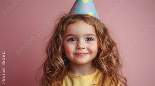 Young girl with blue eyes celebrating at a colorful party with balloons in th...