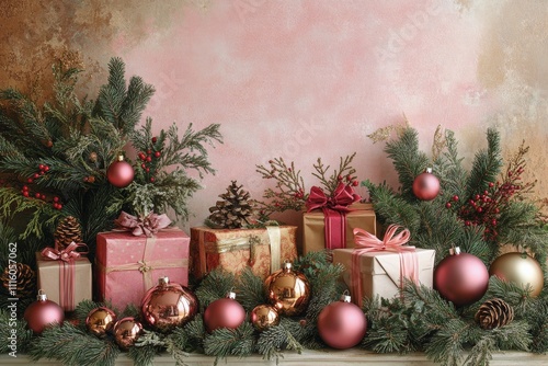 Elegant holiday decorations featuring gifts and ornaments in a cozy indoor se...
