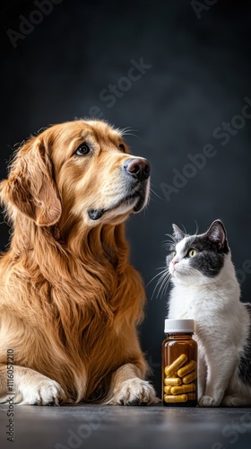 A golden retriever and a cat sit beside a bottle of pet supplements, showcasing companionship and health awareness in pets.