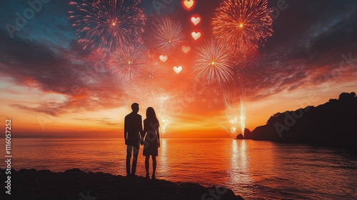 Couple standing hand in hand under a starry sky filled with heart shapes at s...