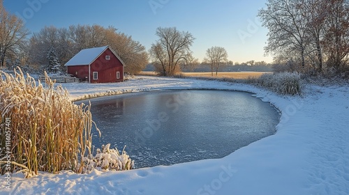 Open water surrounded by ice in a serene landscape during winters bright dayl...