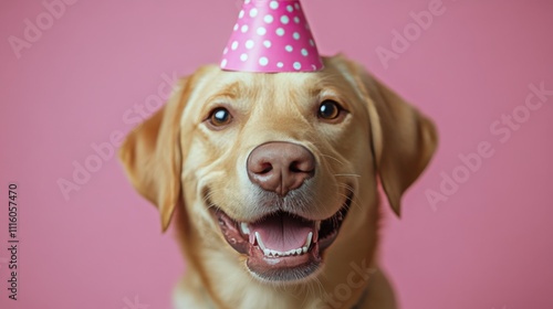 Dog wearing a paper crown smiles happily while sitting on a couch indoors