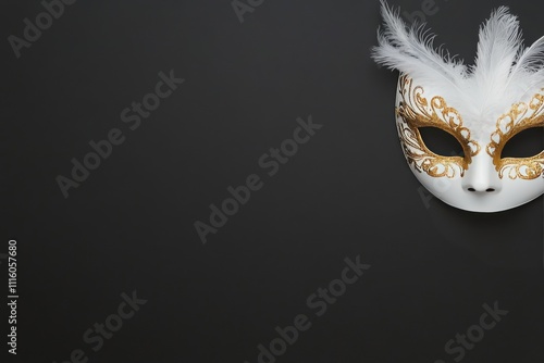 Elegant white mask with gold accents and feathers displayed against a dark ba...