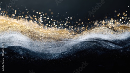 Fototapeta Naklejka Na Ścianę i Meble -  Abstract sparkling bokeh in shades of gold and silver, with shimmering light particles scattered across a dark gradient background.