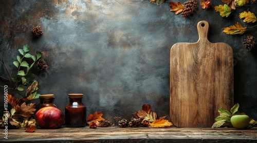 Rustic autumn arrangement with wooden board and seasonal decorations on a tex...