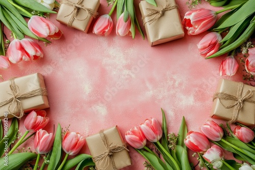 Heart shaped arrangement of pink tulips and gift boxes on soft background for...