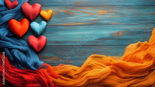 Red satin hearts resting on soft blue fabric create a romantic atmosphere for...