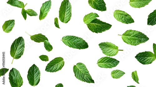 A collection of fresh green mint leaves scattered on a surface, showcasing their vibrant color and texture.