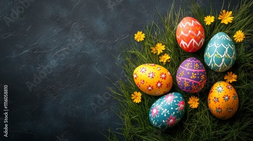 Colorful Easter eggs arranged on green grass with yellow flowers in spring at...