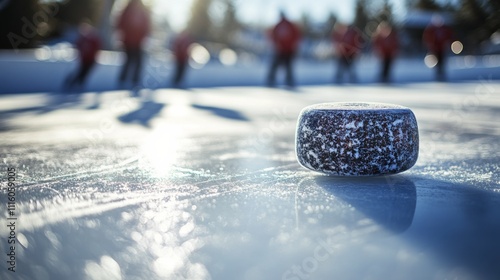 Hockey puck resting on ice with players skating in the background during outd...