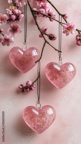 Romantic pink heart shapes surrounded by spring blossoms on a soft background