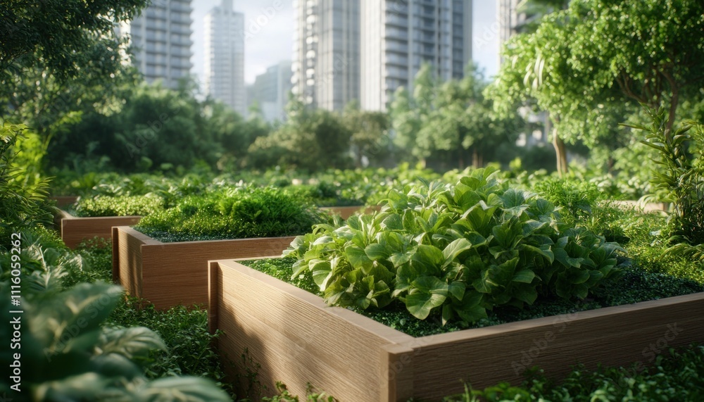 Fototapeta premium Maximize Your Urban Garden Space Innovative Space-Efficient Raised Bed Gardening Designs for Small Yards and Apartments Concept images showcase vertical gardening, compact layouts, and efficient