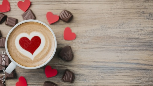 Hot coffee with heart design and chocolate on wooden table for romantic occasion