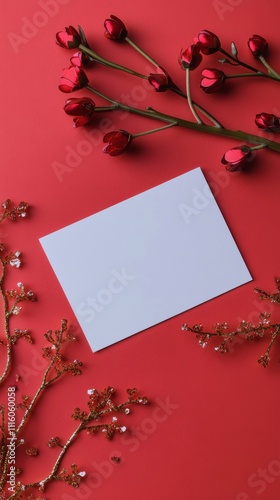 Colorful flowers and decorative hearts surround a blank card on a vibrant red...