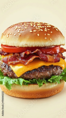 Delicious cheeseburger with crispy bacon and fresh toppings on a sesame seed bun