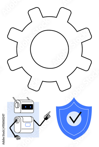 Gear at top robot pointing below, shield with check mark beside. Ideal for security, technology, efficiency, automation, protection, process improvement, innovation. Line metaphor