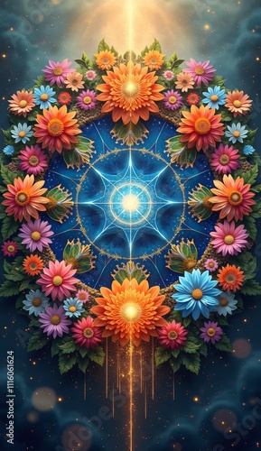 A colorful flowery design with a sun in the center