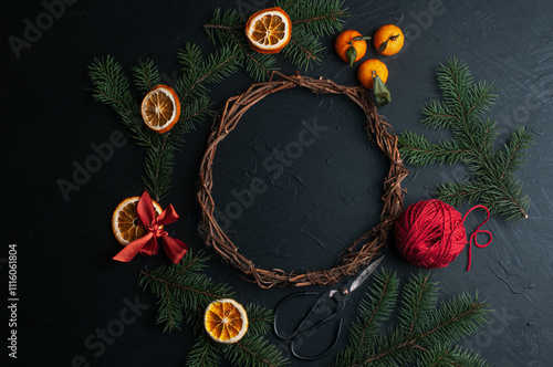 Wallpaper Mural Christmas decoration and wrappung gifts on black background flat lay top view eco sustainable composition with pine branches and dried oranges copy space cute ribbons Torontodigital.ca