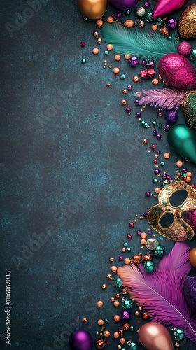 Colorful party decorations with masks and beads on blue background for festiv...