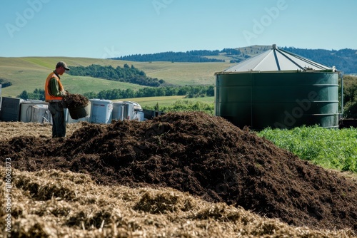 A farmer loading organic material into a biomass digester in a rural setting. The image captures the hands-on approach of using agricultural waste for renewable energy production. photo