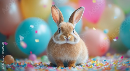 Cute rabbit surrounded by colorful eggs and confetti for spring celebration