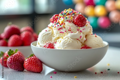 Delicious ice cream served in a bowl surrounded by colorful candies and fresh...