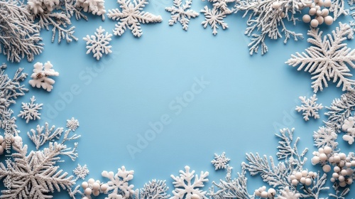 Winter wonderland decor with white snowflakes and greenery on a blue background