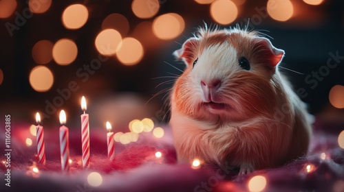Guinea pig celebrates with candles and festive lights in cozy setting