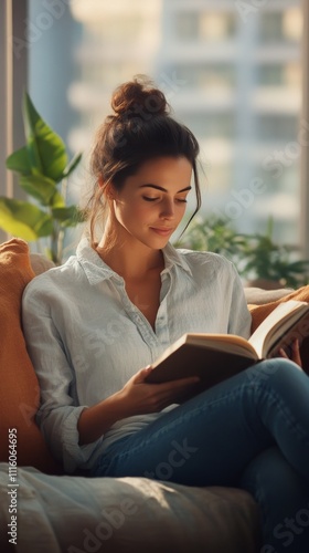 Young woman reading a book while relaxing in a cozy living room surrounded by...