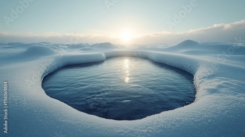 Open water surrounded by ice in a serene landscape during winters bright dayl...