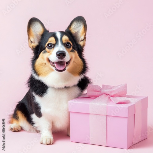 Cute corgi with a pink gift box in a cheerful setting perfect for celebrations