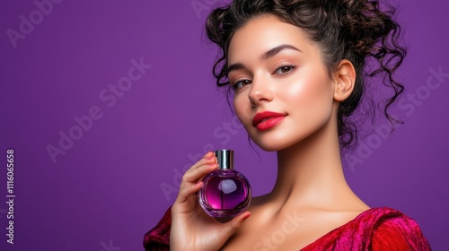 Elegant Woman with Curly Hair Holding a Purple Perfume Bottle Against a Vibrant Purple Background
