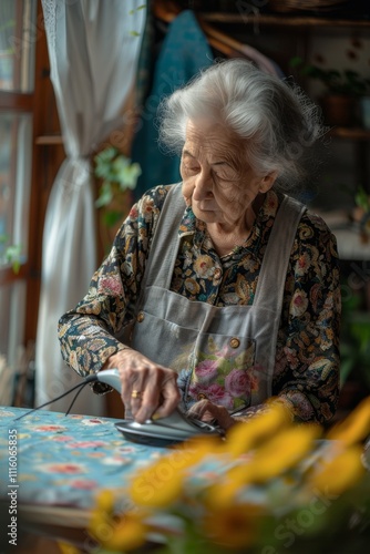 Elderly woman in the process of ironing clothes, paying attention to every detail photo