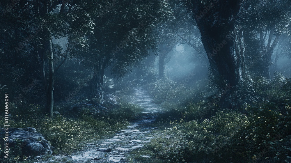 Obraz premium Mysterious foggy forest path at night.