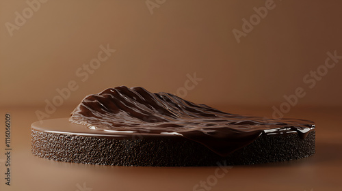 image features a textured chocolate podium with a delicate, leaf-like ripple effect on its surface, set against a soft, earthy brown background that emphasizes its rich and artisanal quality