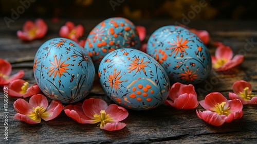 Colorful decorated eggs with flower patterns and petals on rustic wood surface