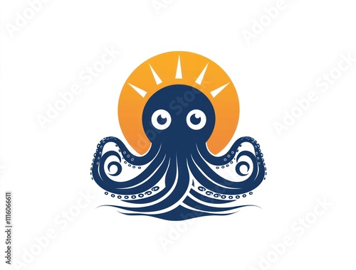 Cute cartoon octopus silhouette at sunset. photo