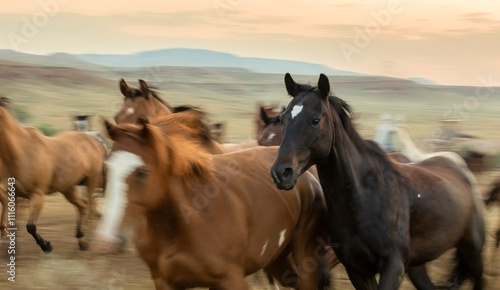 American Quarter Horse ranch in Montana ,Jingling the cavvy/herd at dawn