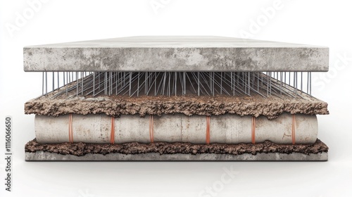 Cross-section of composite concrete slab with rebar and geotextile layers. photo