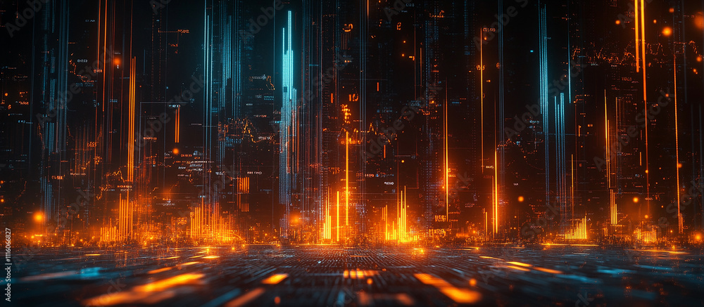 A digital background featuring glowing orange and blue bar graphs A digital background featuring glowing orange and blue bar graphs