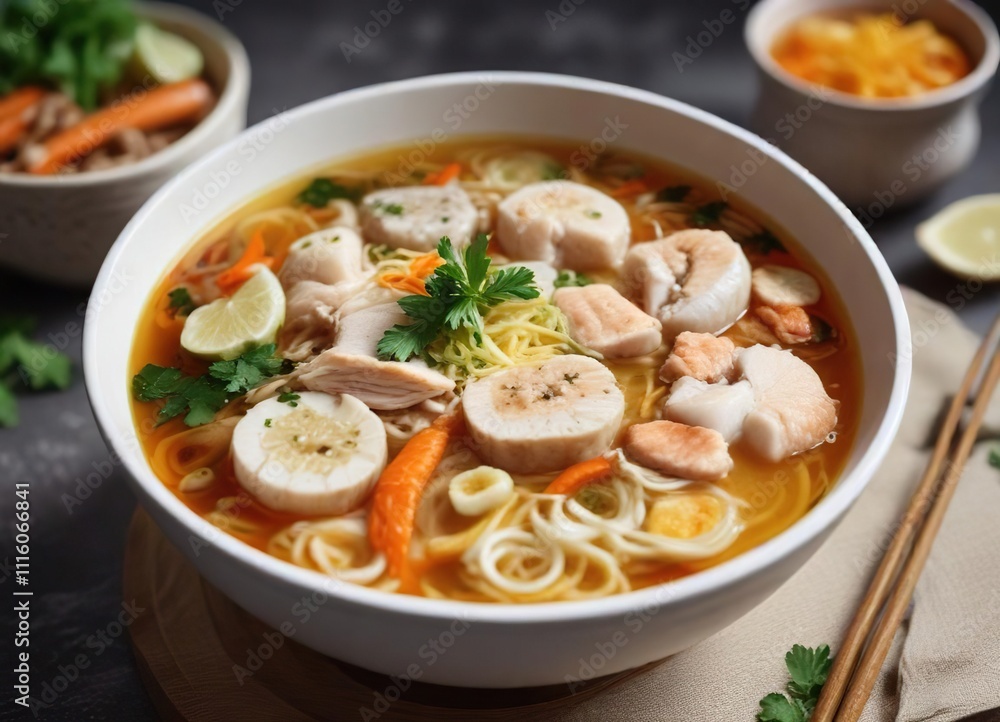 Colorful bowl of Banh Canh with fish and noodles in clear broth , noodle soup, rice noodles Colorful bowl of Banh Canh with fish and noodles in clear broth , noodle soup, rice noodles